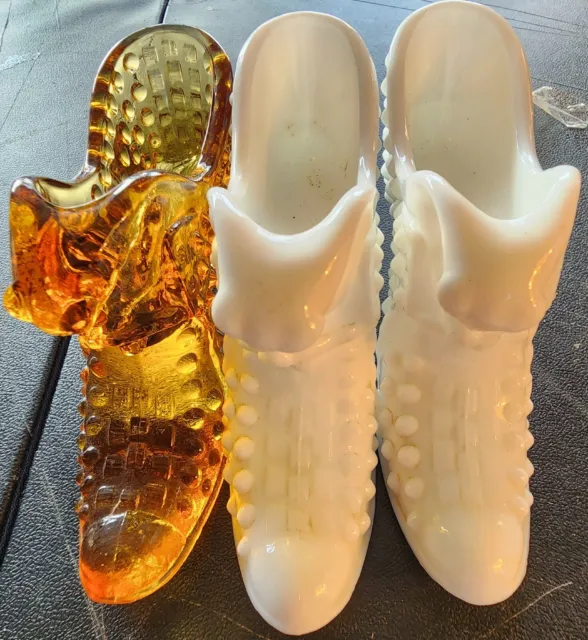 Lot Of 3 Vintage Hobnail Glass Shoes One Amber 2 Are Milk Glass . All In Ex Con.