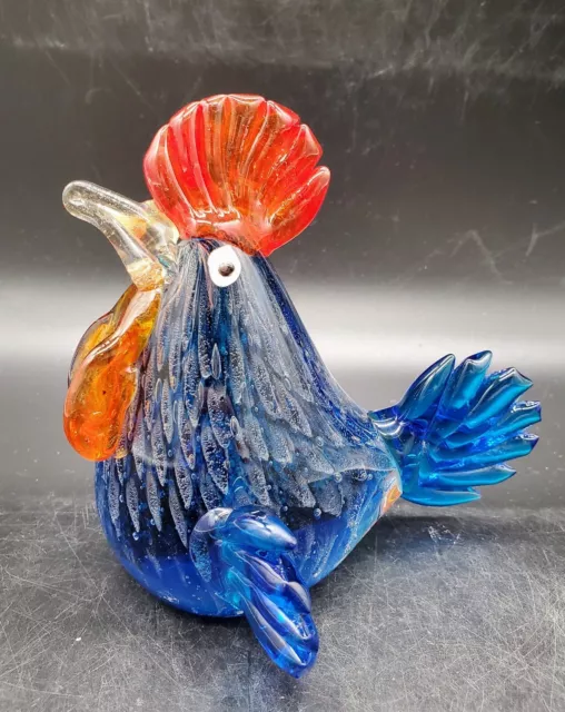 Hand Blown Art Glass Blue Rooster Chicken Bird Figurine Paperweight 5.5"