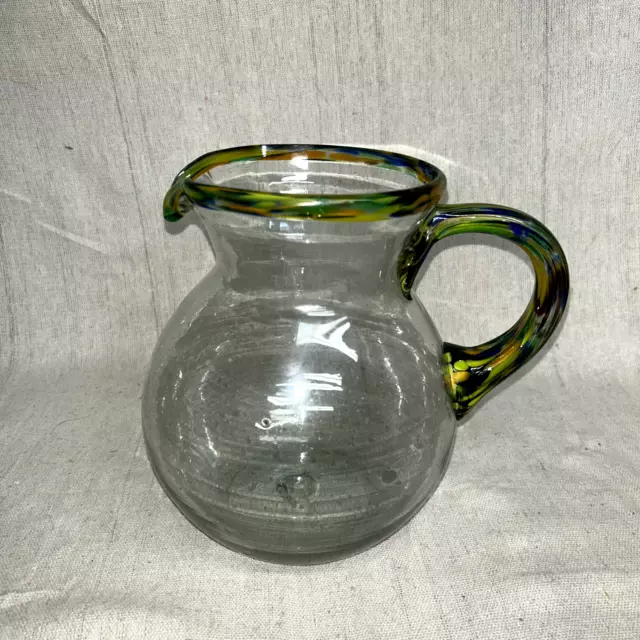 Mexican Glass Hand Blown Pitcher Swirl Colored Rim and Handle