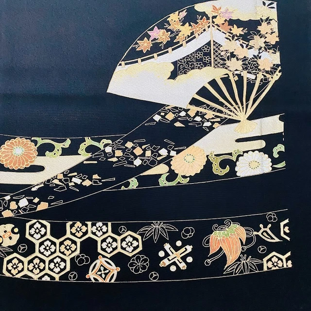 Empress #B 14x66 LONG Vintage Tomesode Black Silk Japanese Kimono Fabric ToE24