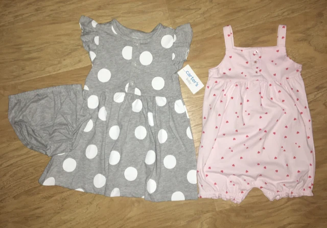 Carters Baby Girl 3 Piece Set - Dress, Bloomers, Pink Heart Romper - Size 24 Mo