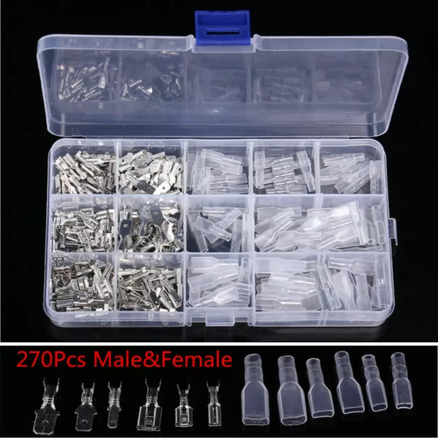 270pc Assortment Terminal Kit Electrical Wire Crimp Connectors Male Female Spade