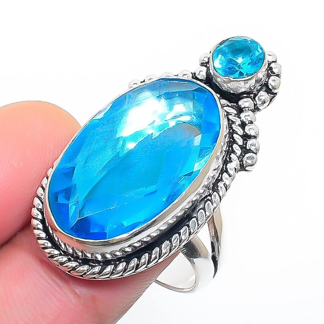 Swiss Blue Topaz Gemstone Handmade Gift Jewelry Ring Size 7.5 P349
