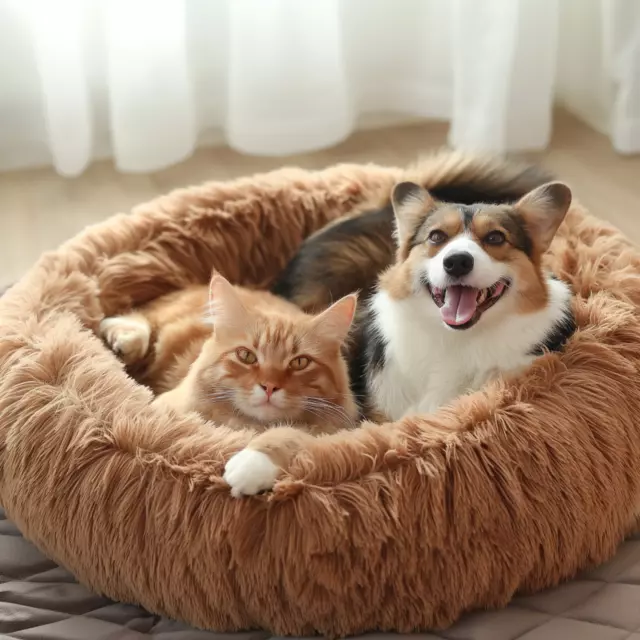 Pet Dog Cat Calming fluffy doughnut calming round bed donut