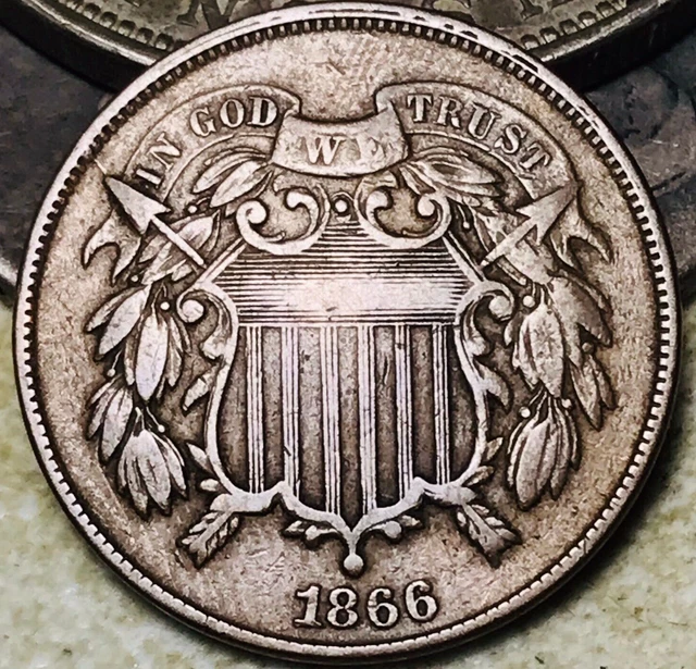 1866 Two Cent Piece 2C FULL MOTTO Choice US Copper Coin CC19213