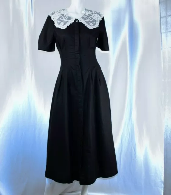 LAURA ASHLEY New Black with White Lace Solid Women Linen Long Dress Size 8