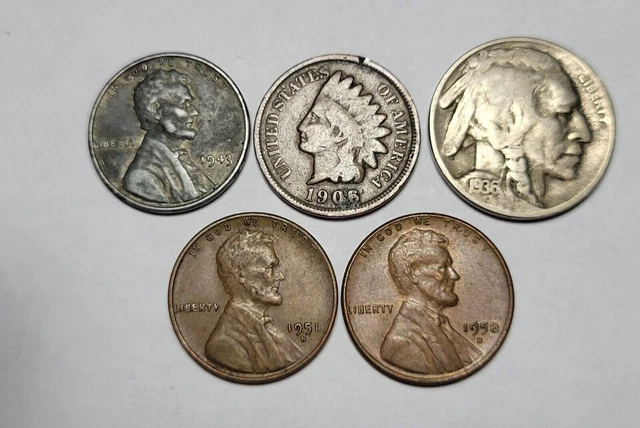 Indian Head Penny, Buffalo Nickel, Steel Wheat Cent, and Two Wheat Pennies Lot