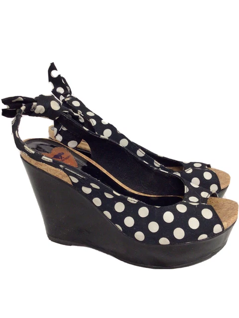 Rocket Dog Vintage Look Pin Up Style Polka Dot Black White Wedges Heels Size 6