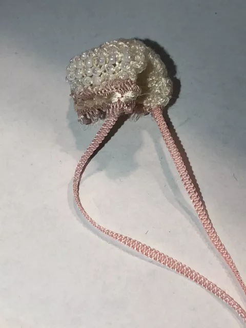 Dollhouse Miniature Artisan Tiny Crocheted Glass Beaded Baby Bonnet Pink Ribbon