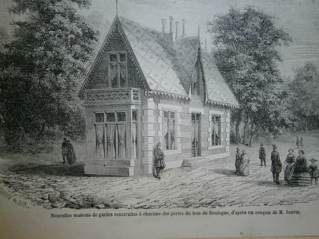 Gravure 19° Maison des garde sportes du bois de boulogne Paris