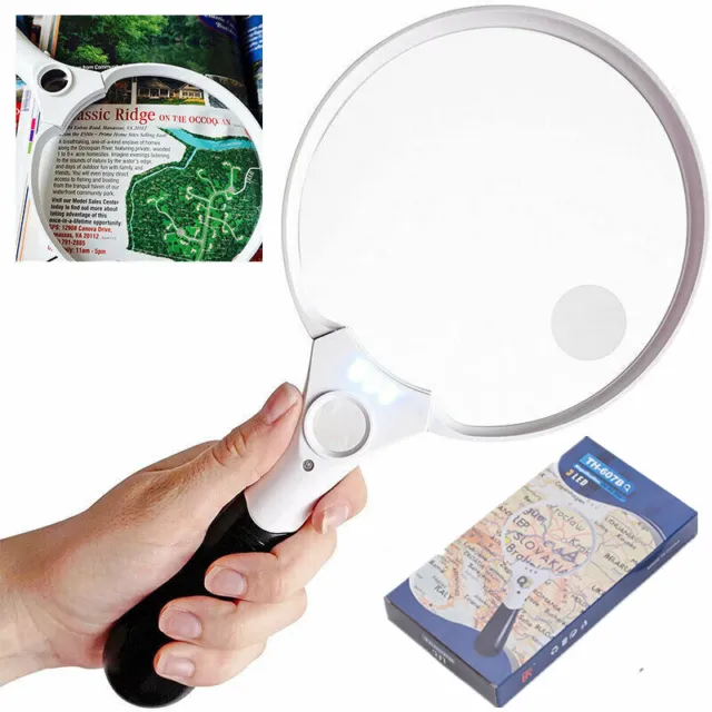 Extra Large Strong Magnifying Glass 3 Bright LEDs 25X Zoom Lightweight Hand Held