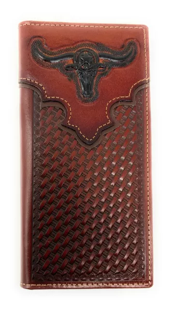 Western Men's Laser Cut Genuine Leather Longhorn Long Bifold Wallet in 4 colors