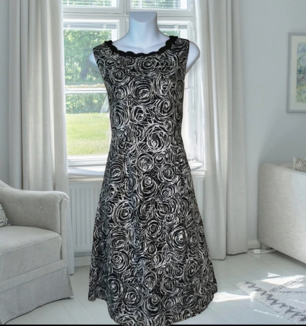 PER UNA M S Dress Size 12 Black White Floral linen Fit Flare