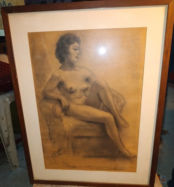 Disegno A Carboncino Antico . Donna firmato