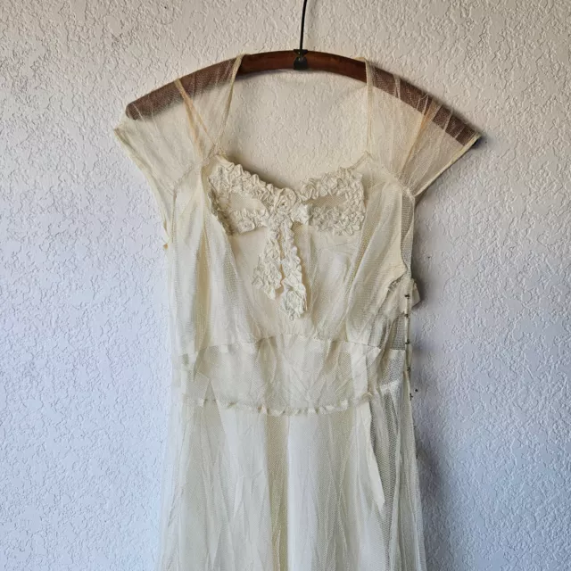 Vintage 30s Cream White Wedding Dress Gown Silk Mesh Tulle Bow Front Slip XS