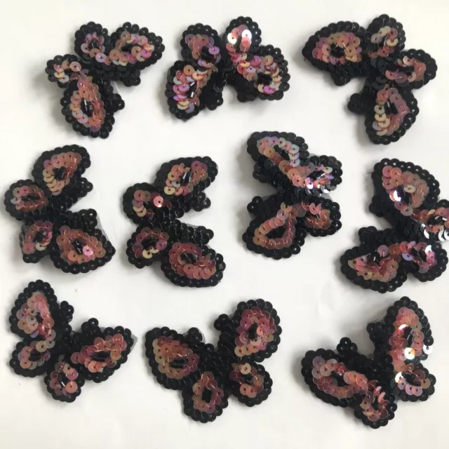 Job Lot 10 Sequin Embroidered Butterfly Patches IronOn Embellishments Black Pink