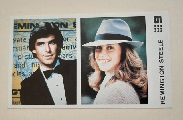 Pierce Brosnan Remington Steele TV Fan Card 1980s Stephanie Zimbalist Hat