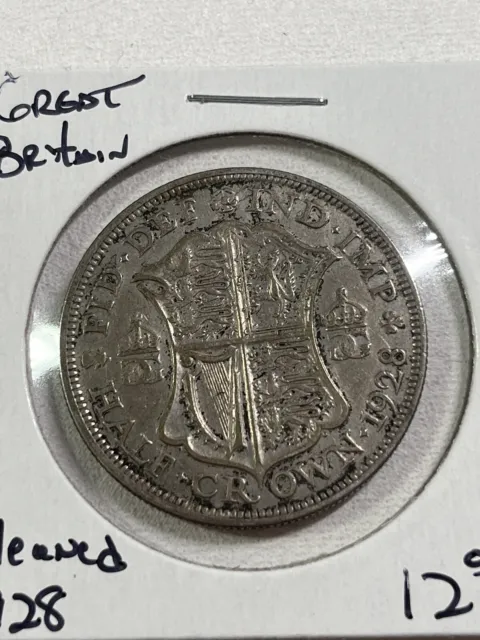 1928 Great Britain 1/2 Crown Silver Coin Cleaned
