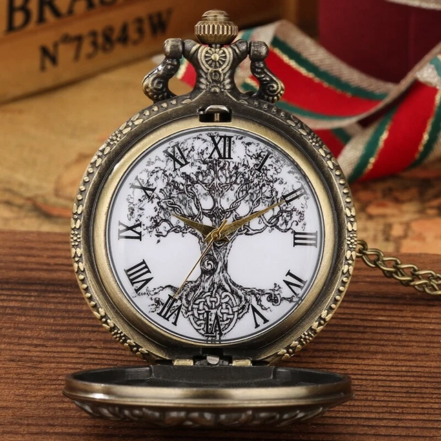 Vintage Tree of Life Sketch Ink Painting Dial Pocket Watch with Tree Accessory