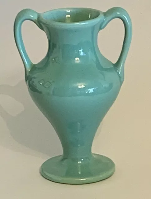 Vtg 6" Pottery Ceramic Urn Vase Turquoise Aqua Green double handle ~ USA?