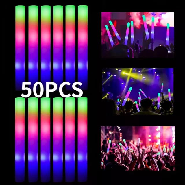 50-1000 Pcs LED Foam Sticks RGB Glow Flashing Rave Cheer Light-Up Wands Festival 2