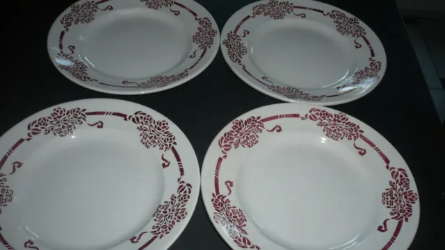 4 assiettes plates ancienne faience hamage st amand rosine panier fleurs bordeau