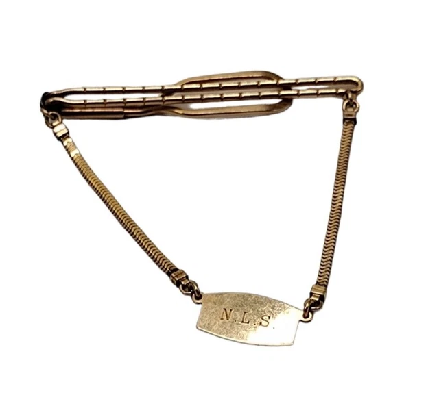Vintage Forstner Bar Tie Clip W/ Chain 1/20 12kt Monogram N.L.S. Dot