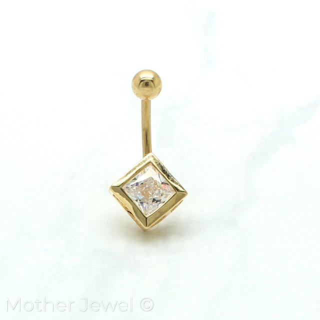 14K Yellow Gold Triple Plate Bezel Set Simulated Diamond Belly Button Navel Ring