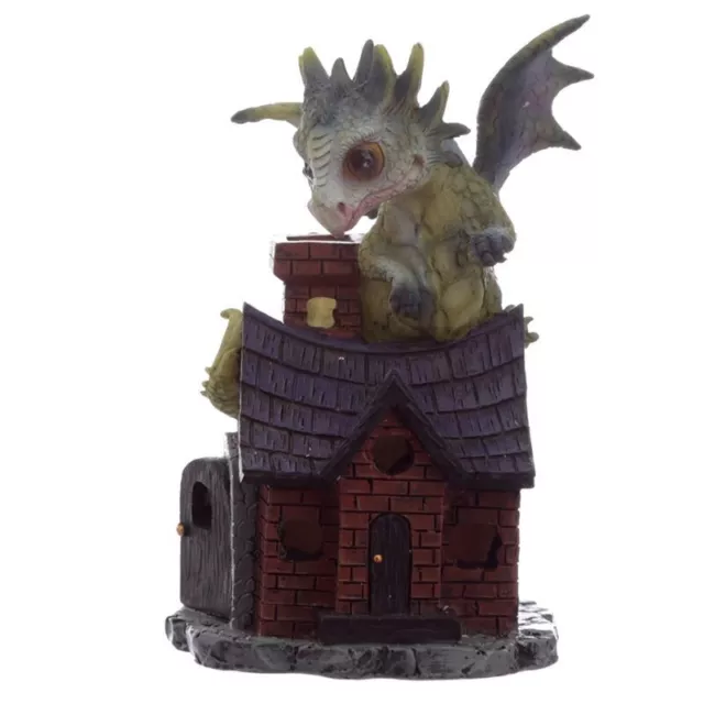 Baby Dragon on Cottage Ornament , Cute Fantasy Figurine , Gift Boxed