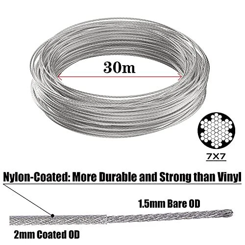 Ruesious 30m Corde en Acier Inoxydable à Suspendre Kit2mm Câble en acier inox... 2