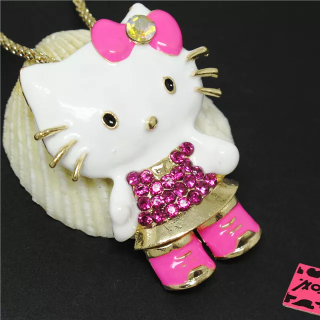 Hot Pink Enamel Cute Kitty Cat Bow Crystal Pendant Betsey Johnson Necklace