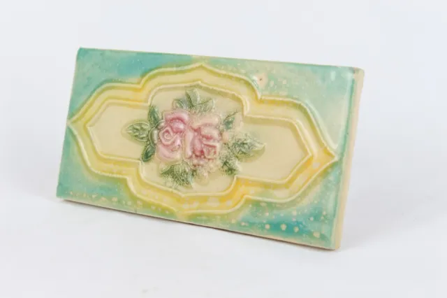 Old Antique Ceramic Tile Embossed Japan Handmade Floral Art Collectible Tile