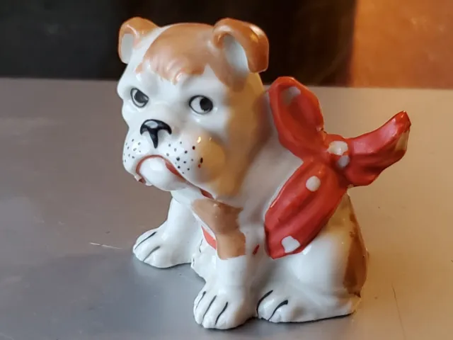 CUTE VINTAGE 1940s MINIATURE CERAMIC BULLDOG WITH RED POLKA DOT BOW-GERMANY