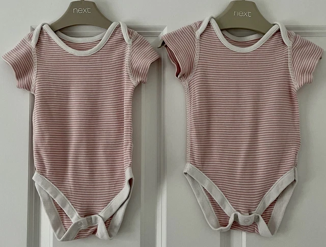 2 x M&S 3-6 Months Baby Girl Short Sleeve Vests Bodysuits Pink White Striped