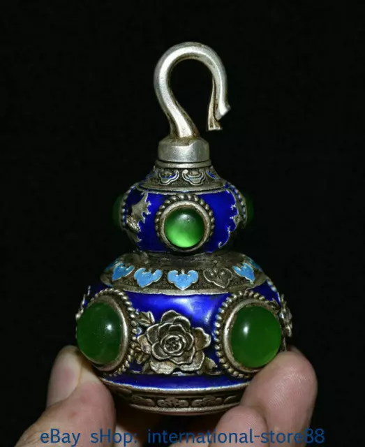 3.4" Old China Enamel Silver inlay Green Jade Gem Dynasty Gourd Snuff Bottle