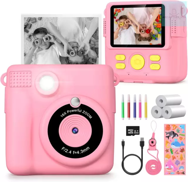 Kids Camera, 1080P Instant Camera for Kids, 16x Digital Zoom, 2.4" Screen, 32GB