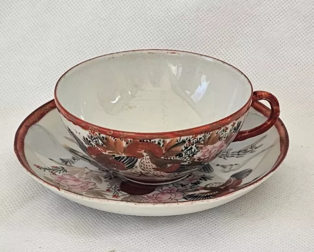 An Antique Japanese Kutani Eggshell Porcelain Tea Cup and Saucer, Hand Painted
