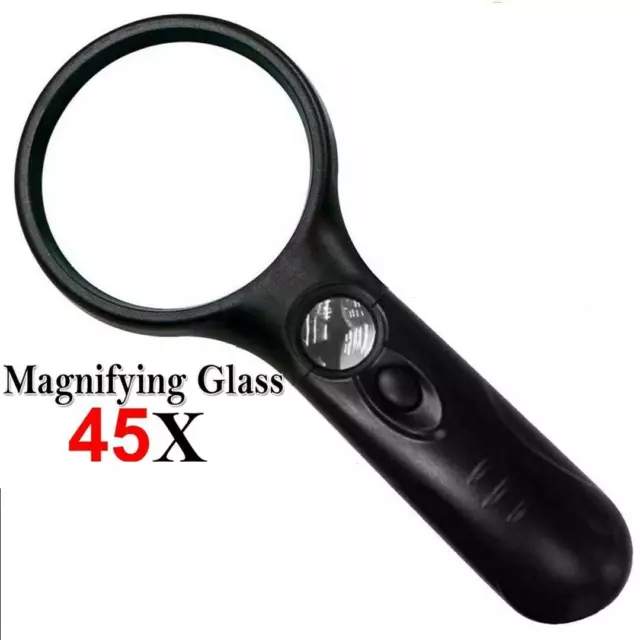 Handheld 45X Magnifier Reading Magnifying Glass Jewelry Loupe With 3 LED Light