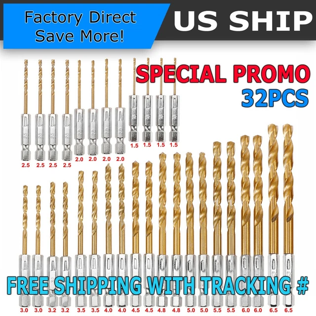 32PCS Drill Bit Set Titanium Coated HSS High Speed Steel Hex Shank Quick Change