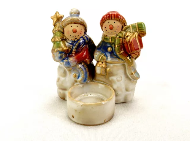 Porcelain Candle Holder Figurine, Snowman Couple, Votive/Tealight, Lumin-essence