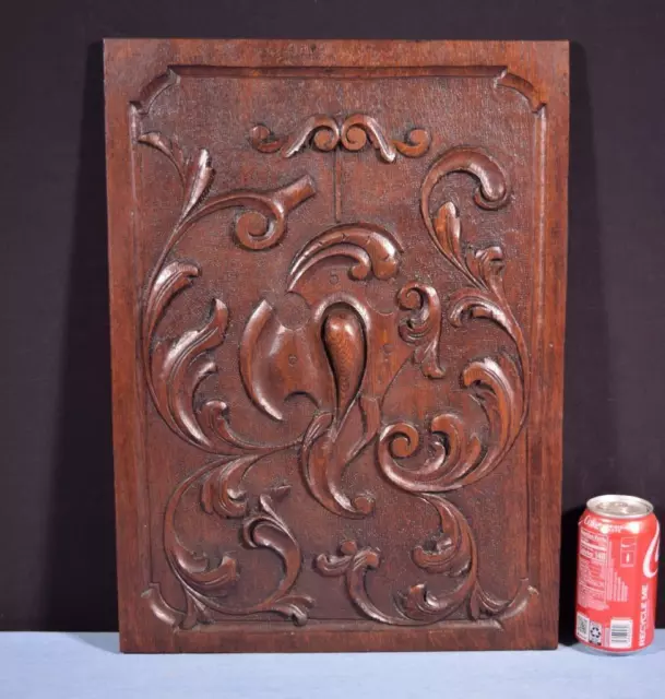 French Antique Deeply Carved Solid Oak Wood Panel with Carvings
