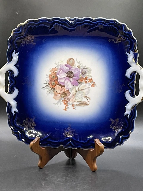 Bavaria Germany Hand Painted Cobalt Blue 10" Plate Floral Pattern Gold Gilt Rim