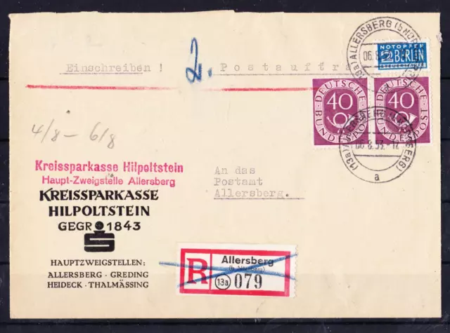 Bund Posthorn, 40 Pf, Mi. 133 im waager. Paar auf Orts-R-Postauftrag, selten