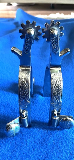(CR) CROCKETT RENALDE SILVER MOUNTED Hand Engraved Adult Western Spurs Vintage (CR) CROCKETT RENALDE SILVER MOUNTED Hand Engraved Adult Western Spurs Vintage