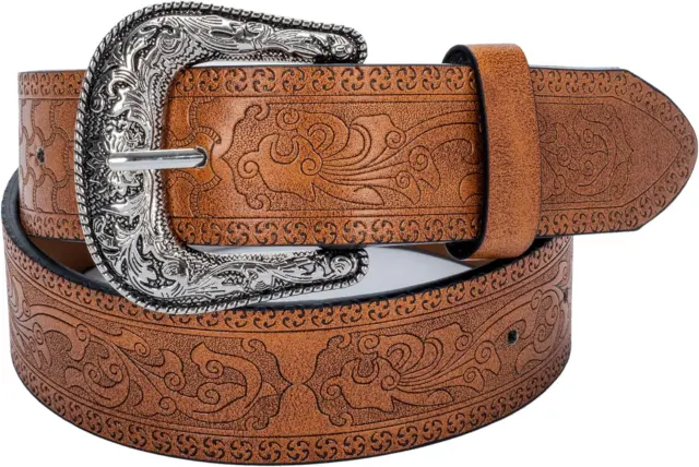 Women Vintage-Cowboy-Belt Western-Cowgirl Leather-Belt Floral Embossed PU with T