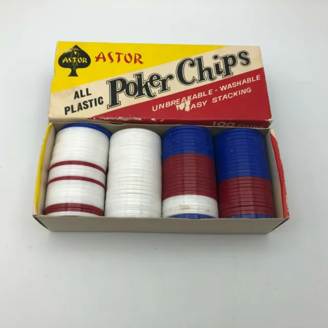 Vtg Astor Red White Blue Poker Chips Box Of 100 Plastic Orig Box Hong Kong D1