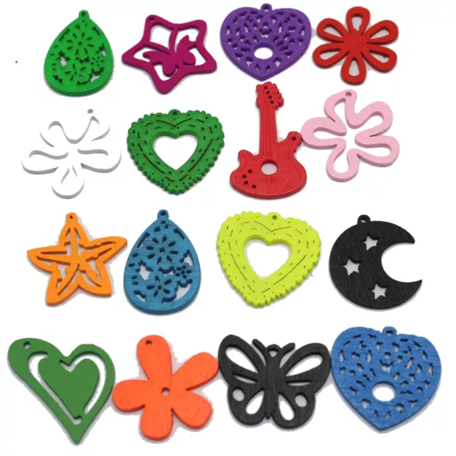 100 Assorted Bright Color Wood Cut Outs Charms Wooden Pendants Scrapbooking DIY