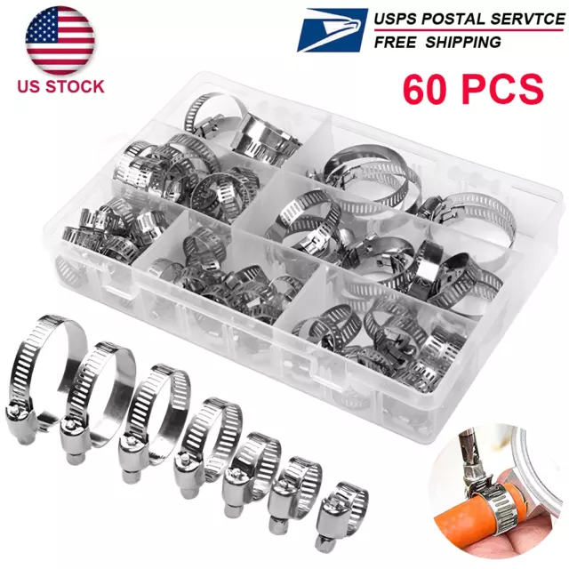 60pcs Adjustable Hose Clamps Worm Gear Stainless Steel Clamp 7 Sizes Assortment