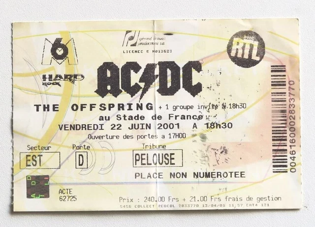 AC/DC BILLET TICKET stub concert FRANCE Paris SDF 21/06/2001 THE ...
