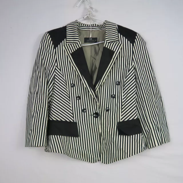 Cue Womens Blazer Jacket 12(AU) or Medium Black & White Striped Collared Formal